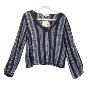Hippie Rose Womens M Blue/White Crop top Coastal Navy Vert. V Neck Blouse